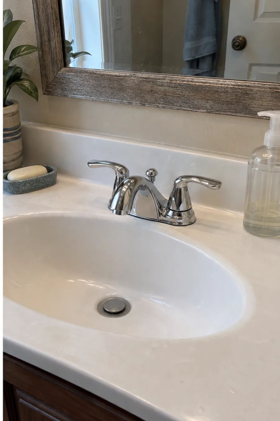 New polished chrome bathroom faucet after replacement