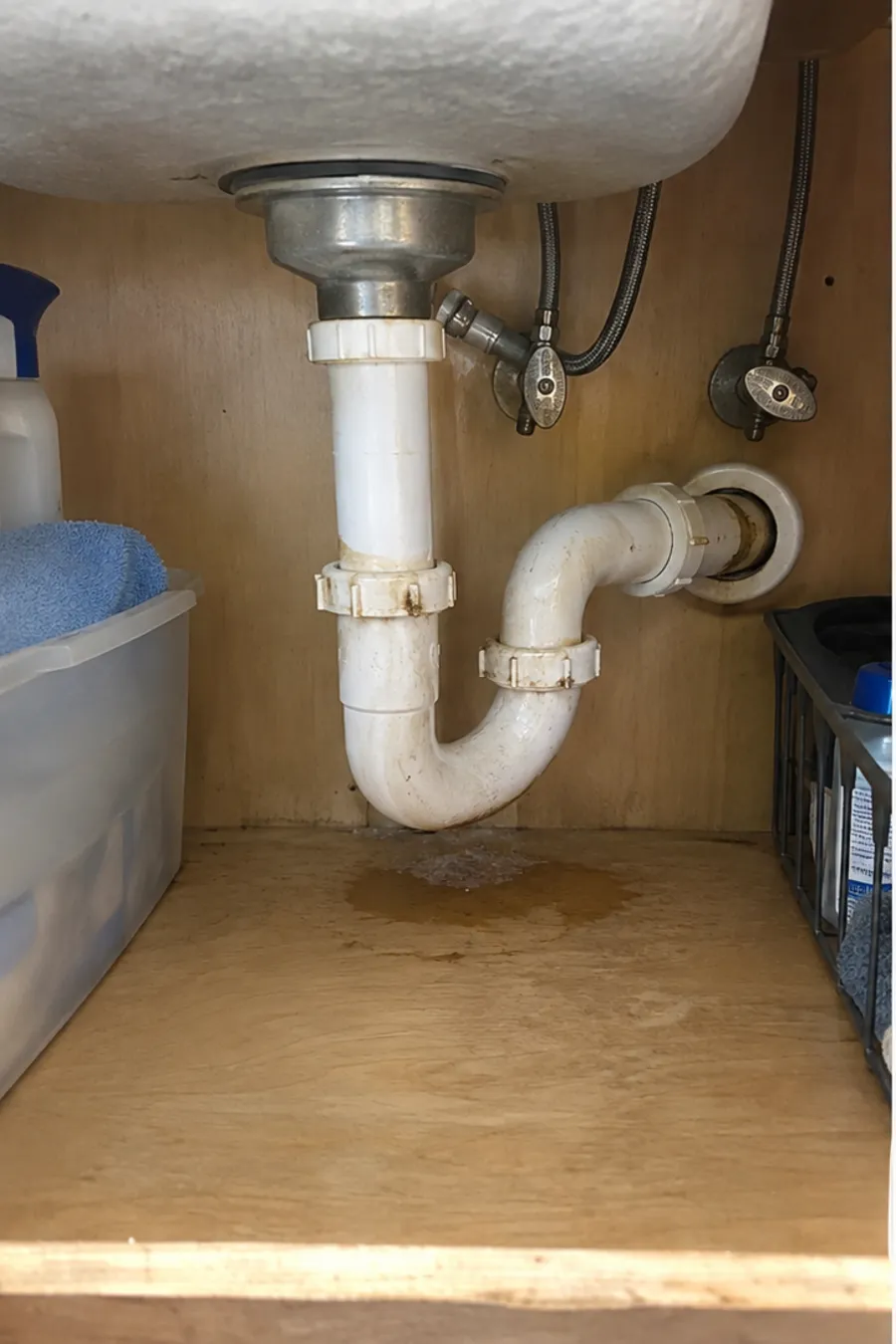 Corroded, leaking sink drain trap before repair