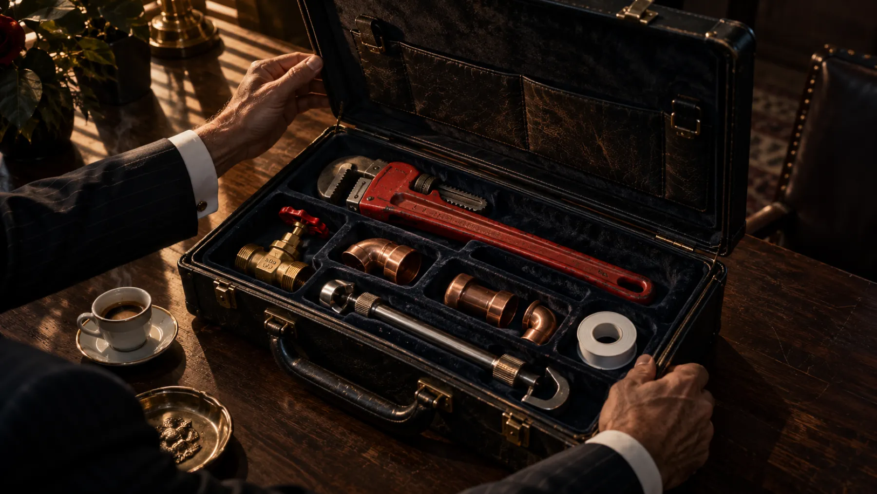 Open velvet-lined briefcase with a pipe wrench, copper fittings and a brass valve