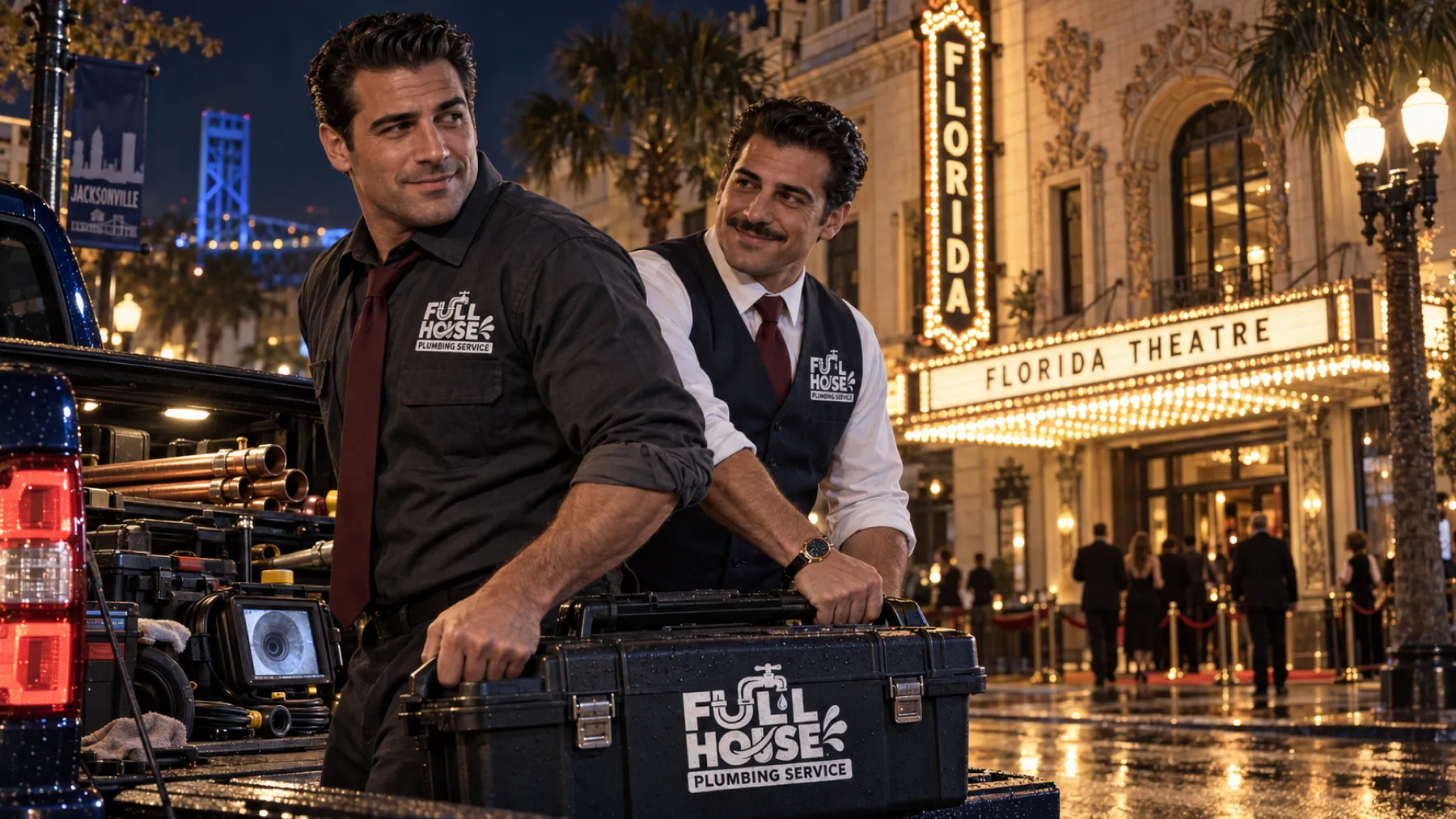 Two Full House plumbers unloading a toolbox from a truck outside the Florida Theatre marquee in downtown Jacksonville