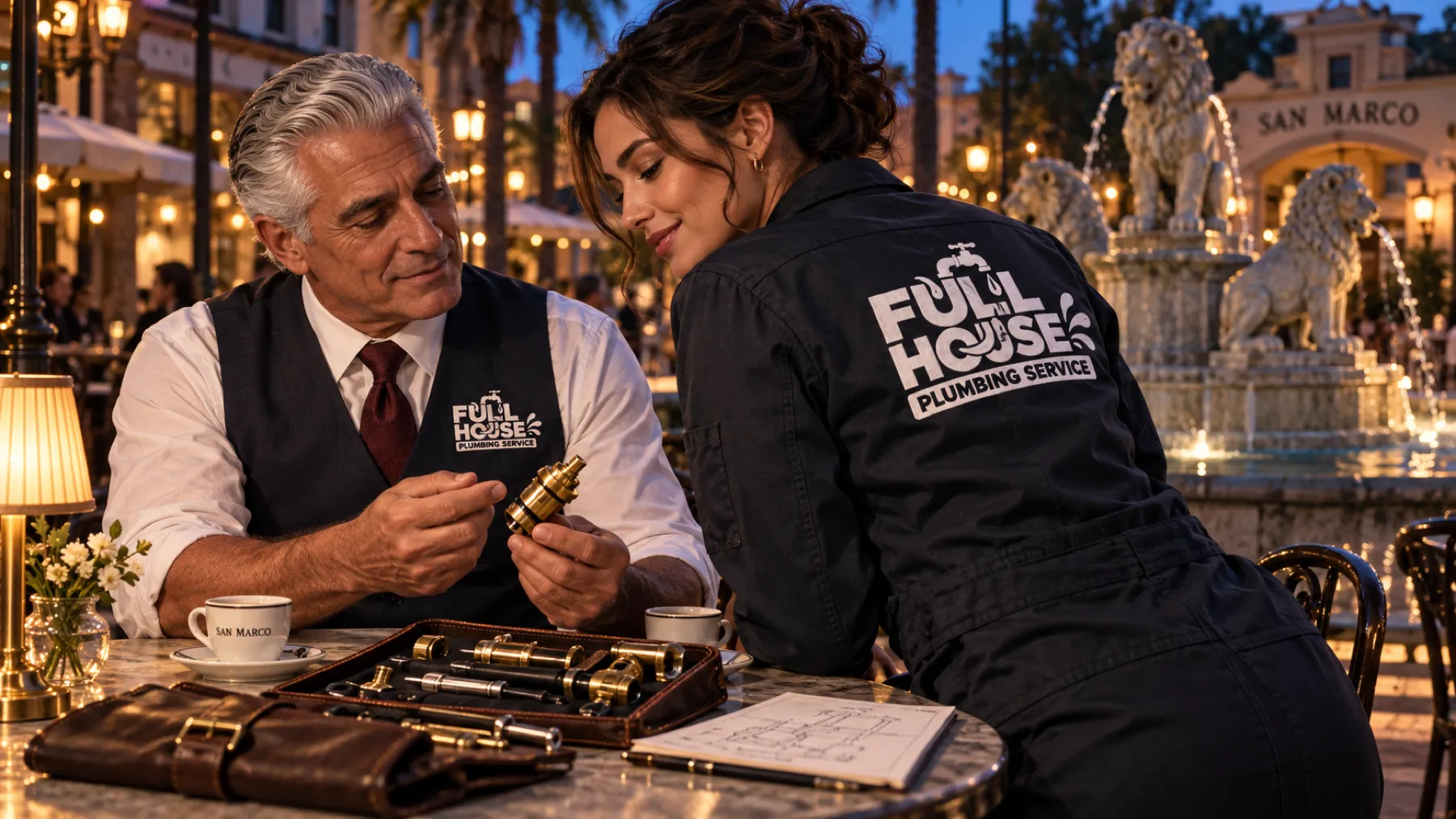 Two Full House plumbers examining a brass cartridge at a café table by the San Marco lion fountain