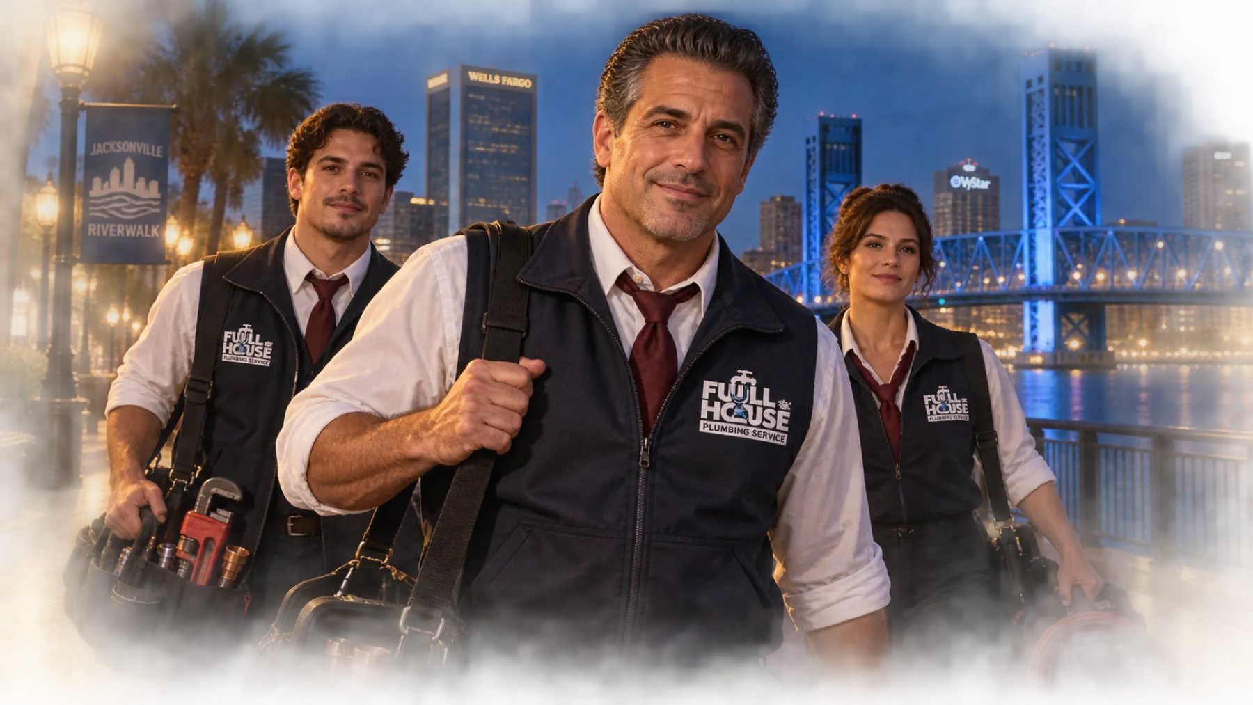 Styled brand still: three plumbers in Full House vests on the Jacksonville Riverwalk at dusk, Main Street Bridge behind them