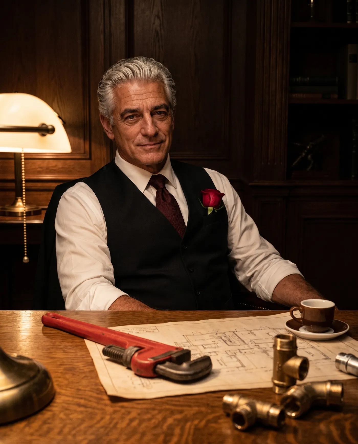 Brand still: the head of the Full House family at his desk, pipe wrench across the blueprints, red rose in the lapel